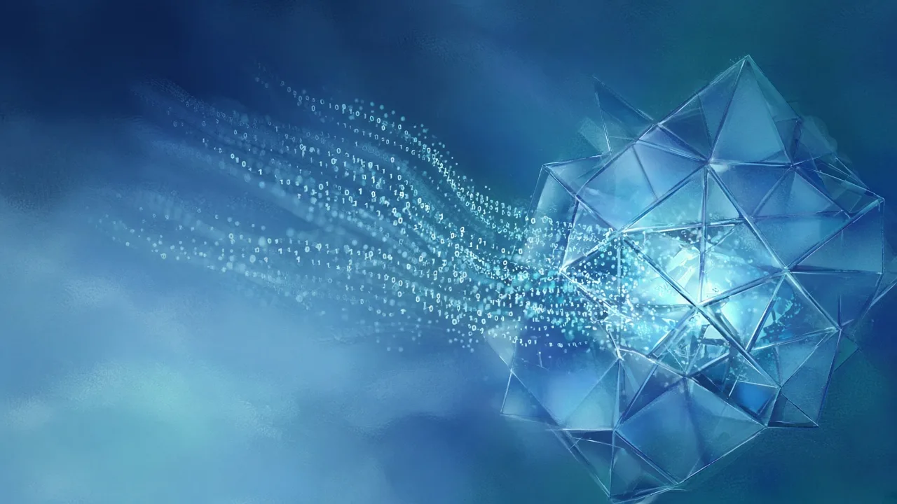 Streams of tiny glowing particles flowing into a faceted crystal on a blue background