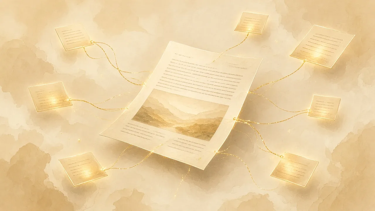 A paper report surrounded by small glowing cards linked by thin lines on a warm background