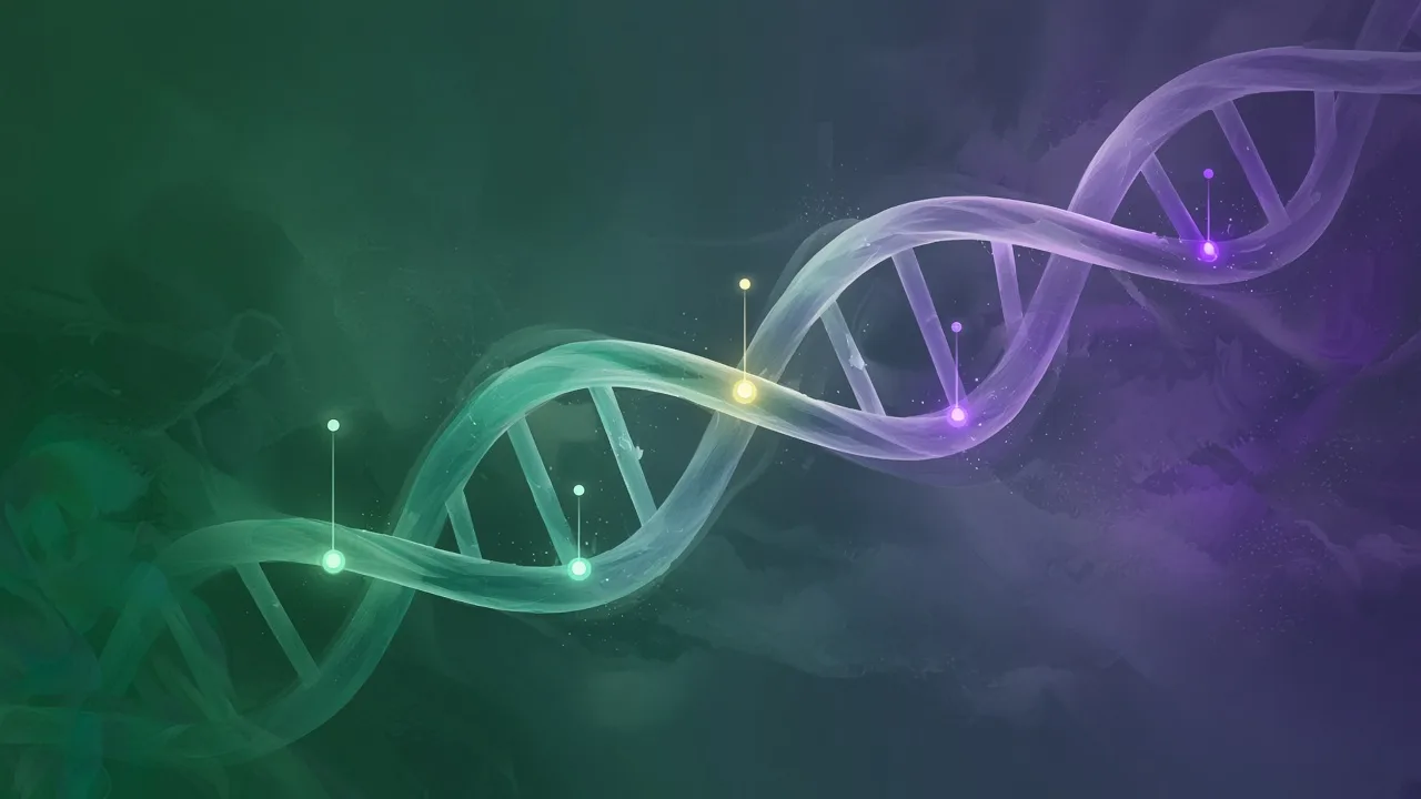 A glowing DNA double helix shifting from green to purple against a dark background