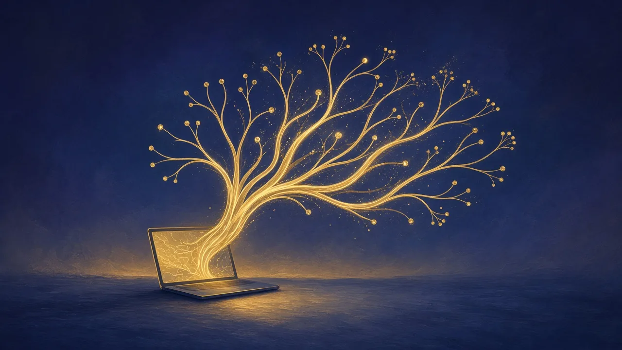 A golden tree of branching paths growing out of an open laptop on a dark blue background