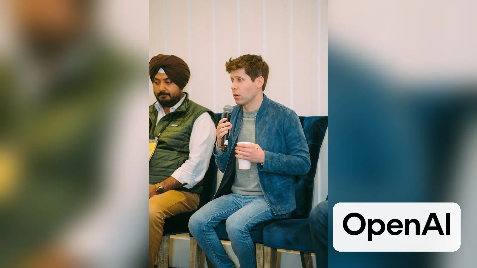 OpenAI CEO Sam Altman, with the OpenAI logo