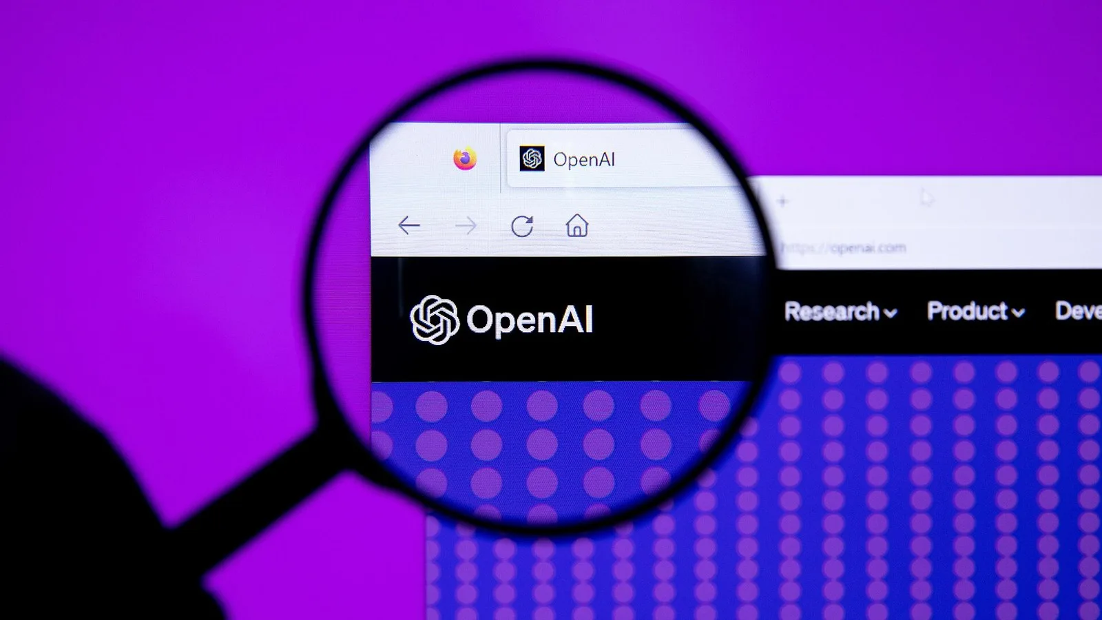 The OpenAI logo under a magnifying glass