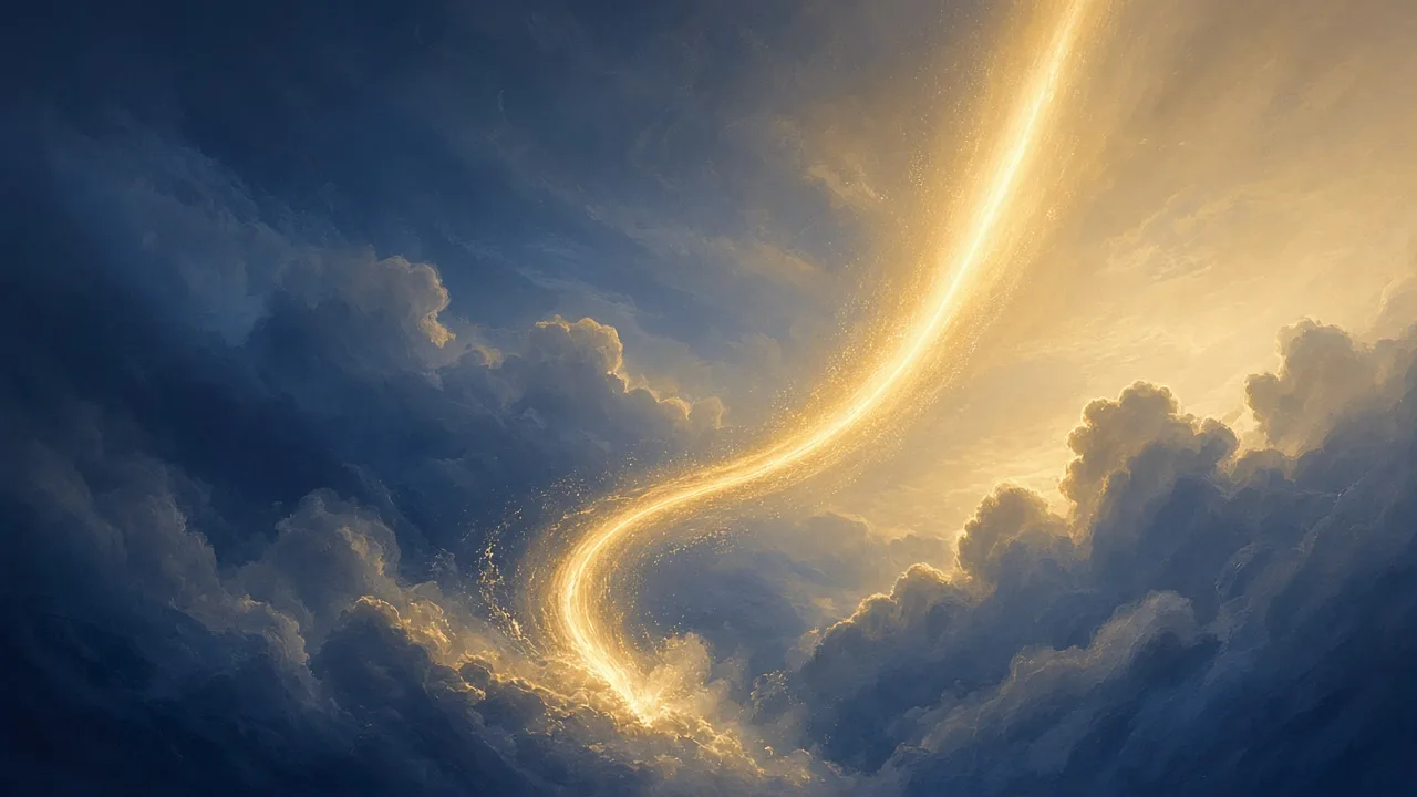 A bright golden line rising up through dark clouds