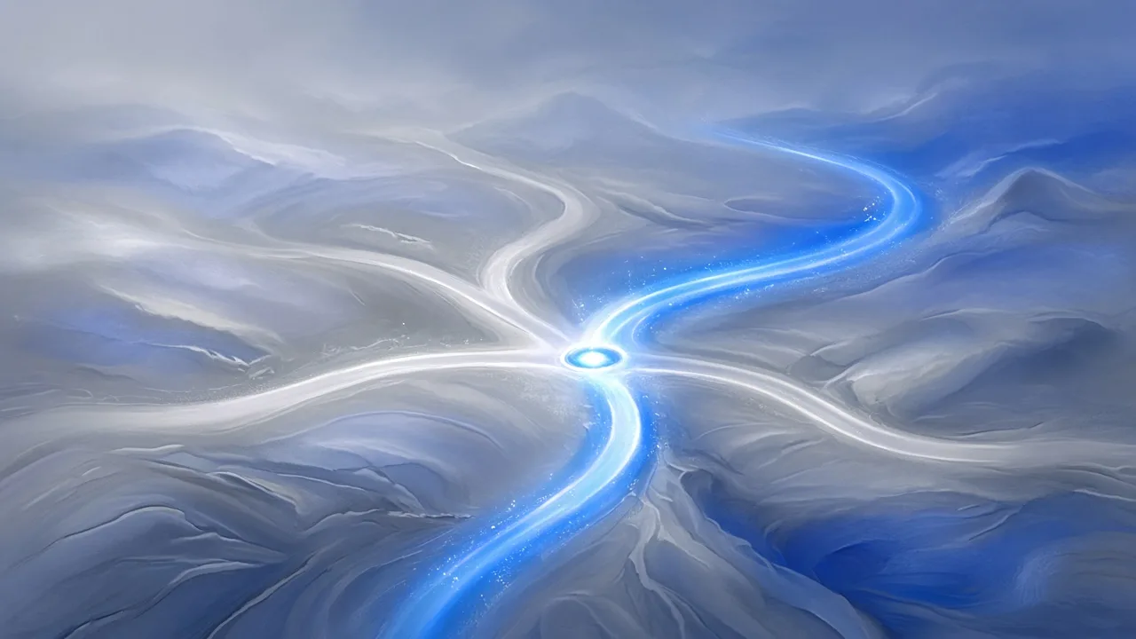 A glowing blue path branching through a soft gray landscape