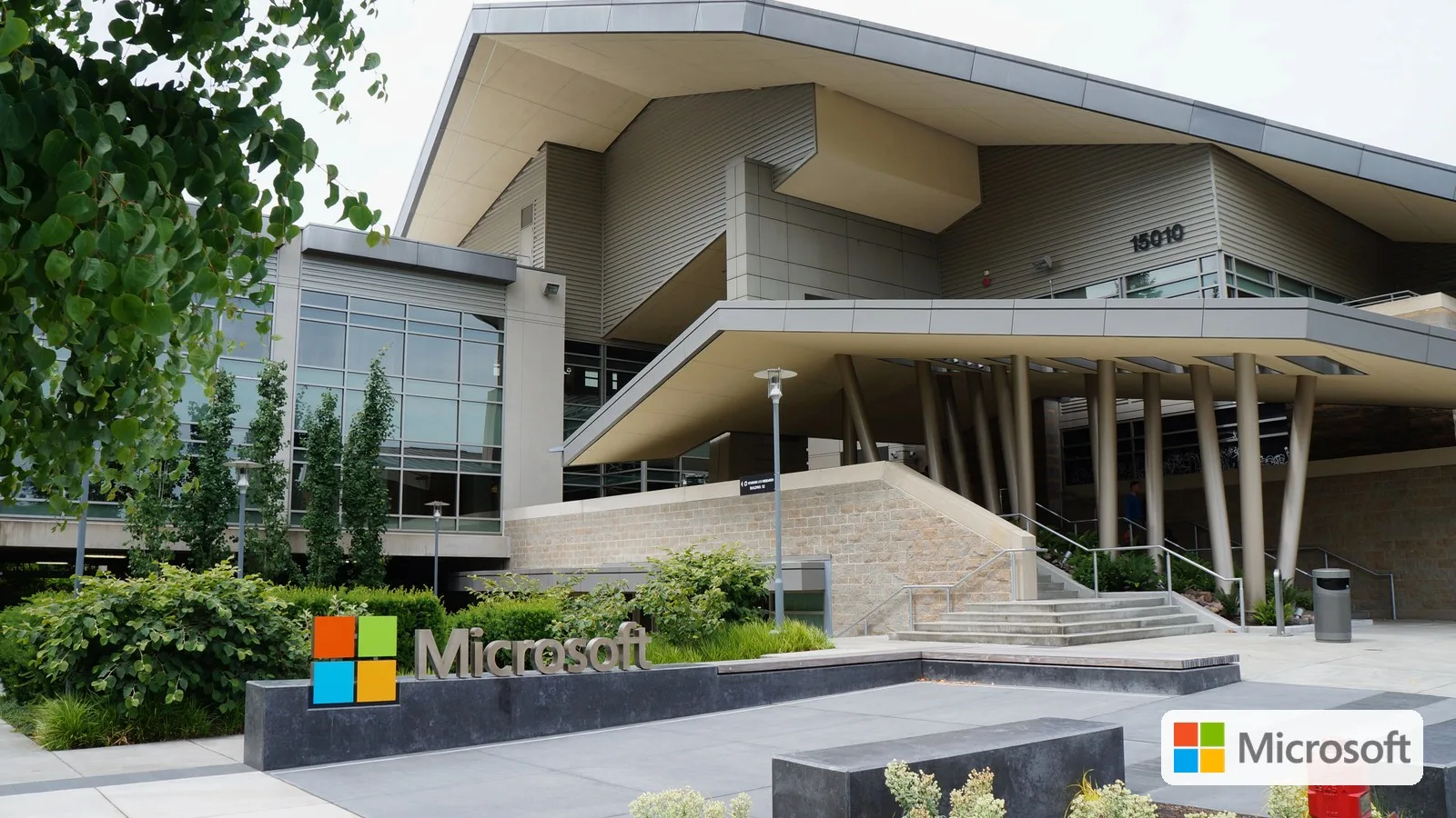 Microsoft Building 92 at the Redmond campus, with the Microsoft logo