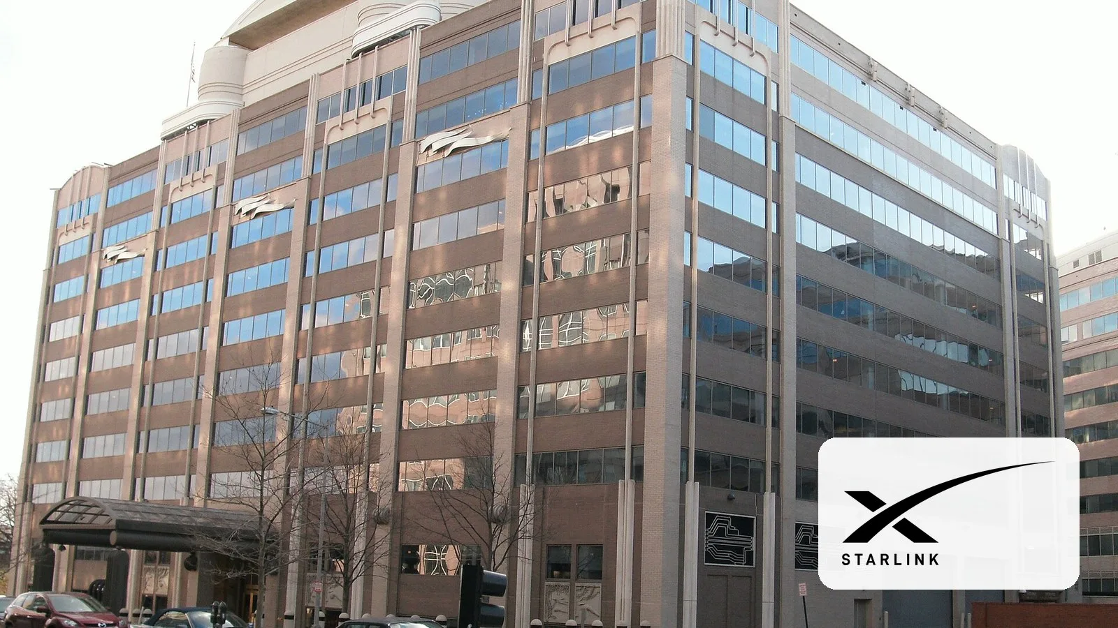 FCC headquarters in Washington, with the Starlink logo