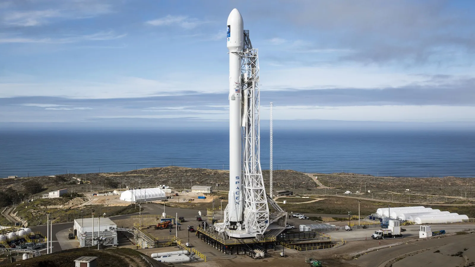 A SpaceX Falcon 9 rocket on the pad at Vandenberg overlooking the Pacific (file photo)