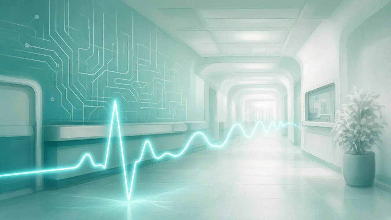 A hospital corridor with a glowing heartbeat line and circuit patterns on the walls